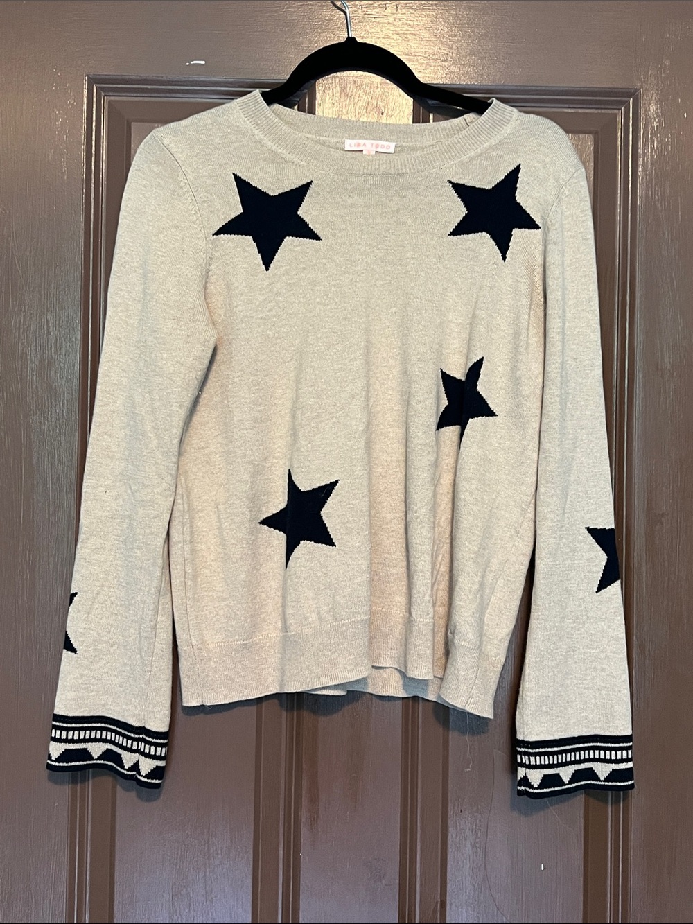 Lisa Todd Beige Crewneck Sweater with Black Star Pattern S
